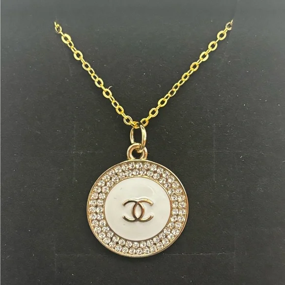 CC CHANEL Gold White Logo Crystal Charm Upcycled Necklace, 18 inches - Picture 2 of 4